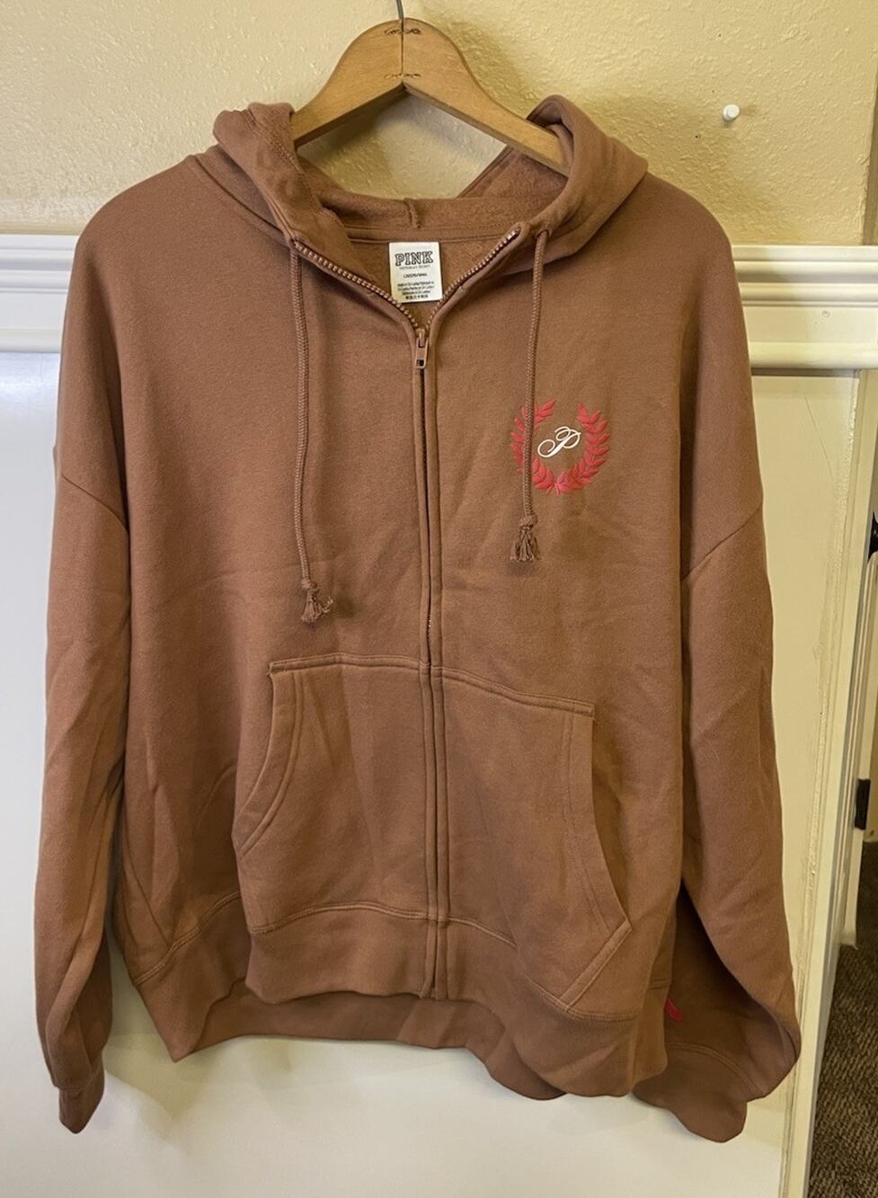 PINK Victoria’s Secret Hoodie Brown Large Full Zip Embroidered Logo New No Tags